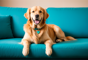 坐在蓝色沙发上的拉布拉多图片